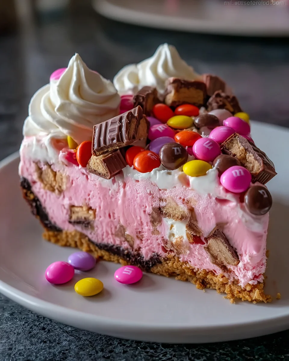 Pink M&M Snickers Cheesecake