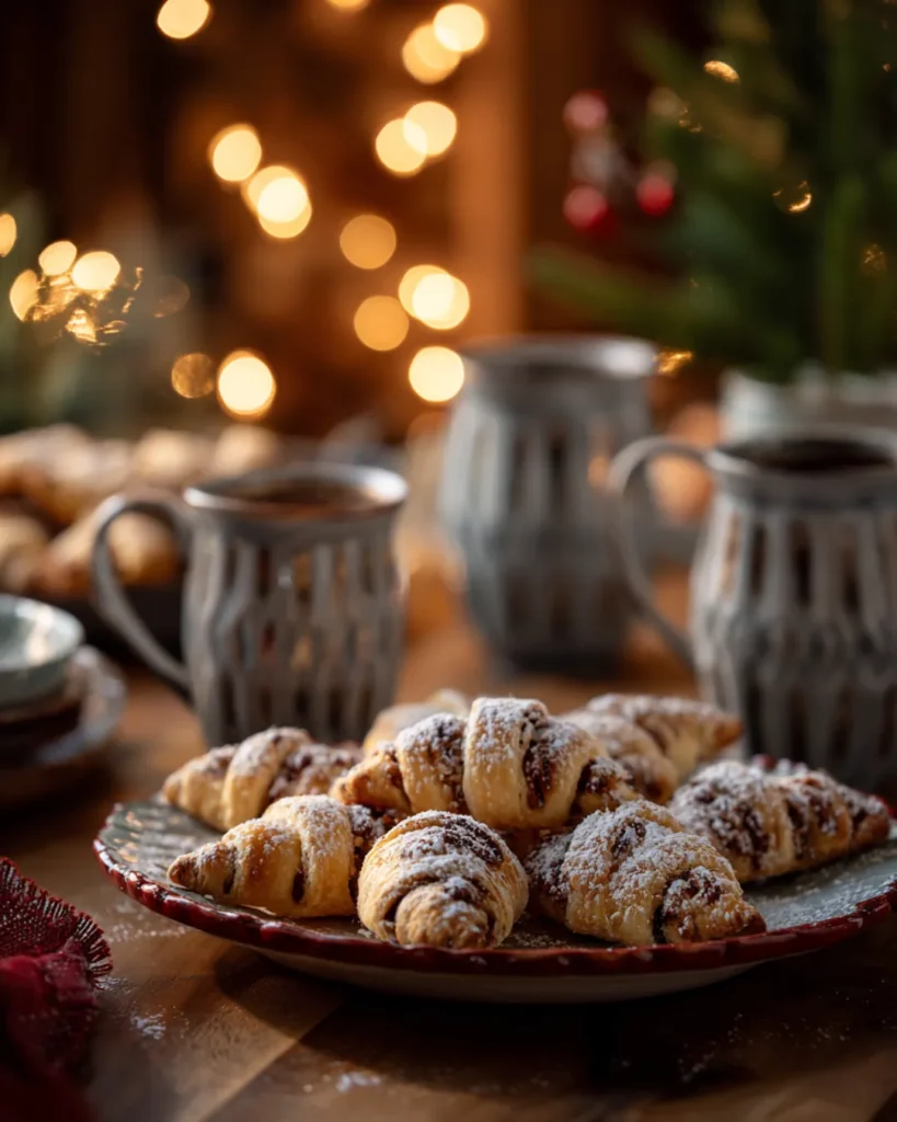 A cozy holiday dessert spread featuring pecan pie crescents on a festive platter