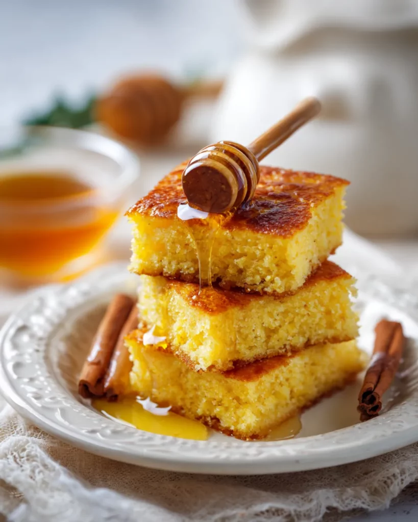 Neatly cut cornbread squares stacked on a white ceramic plate