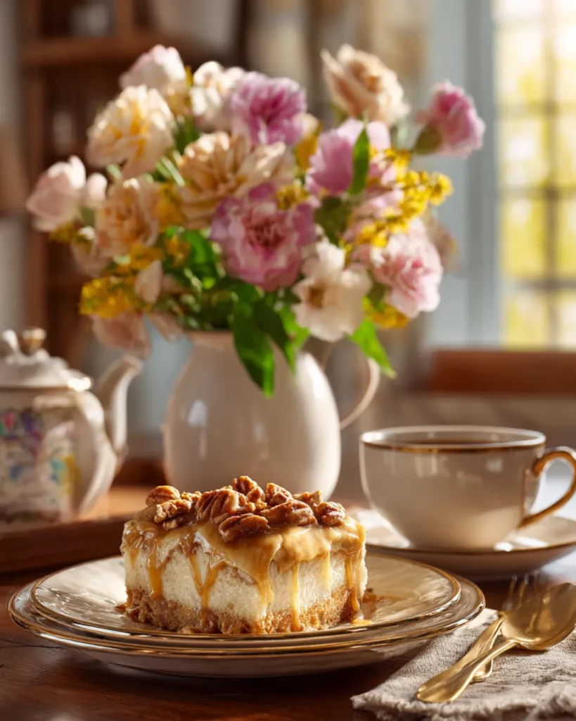 Slice of butter pecan praline poke cake