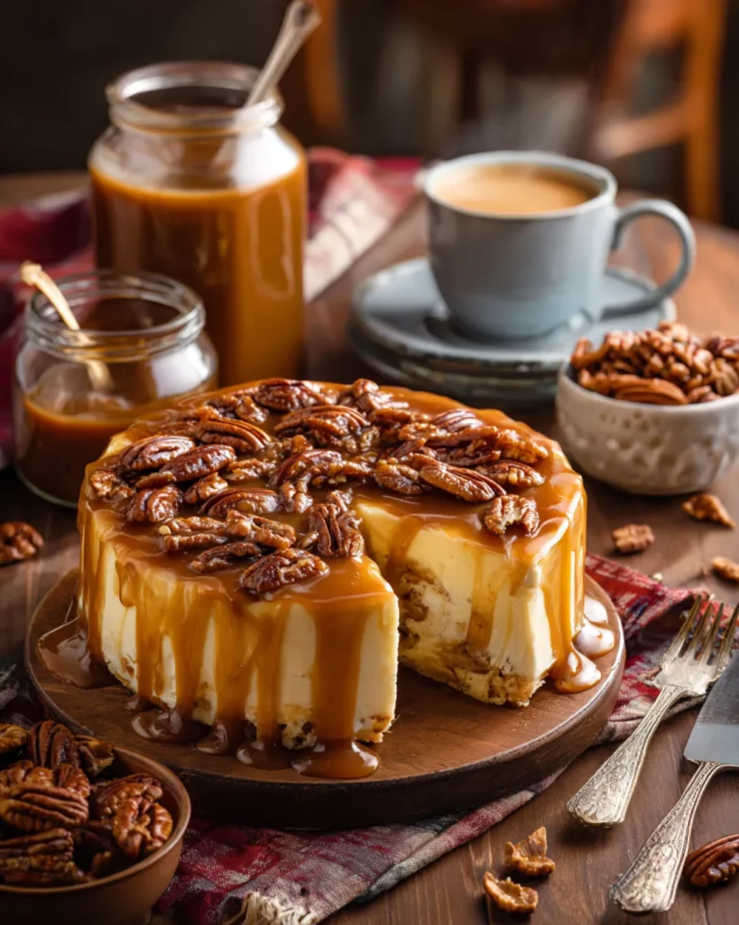 A cozy Southern-inspired dessert setting with a poke cake on a wooden table