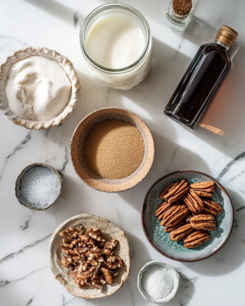 pecan ice cream ingredients neatly arranged