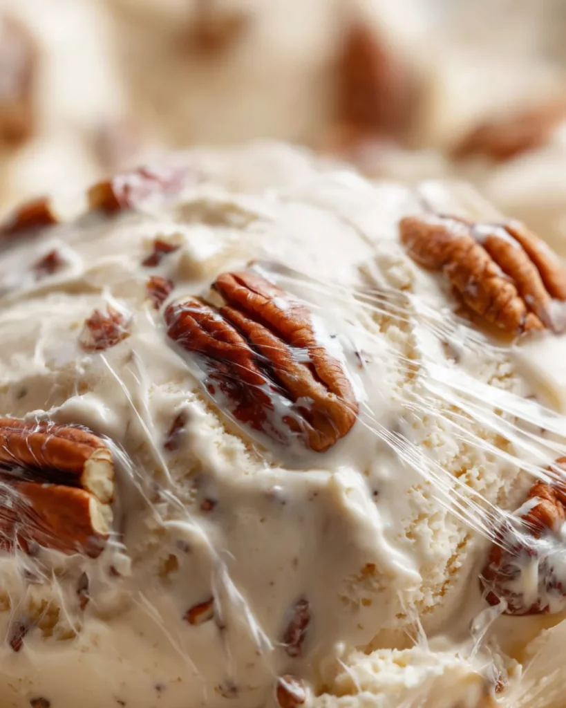 Close-up of pecan ice cream covered with cling film pressed against the surface to prevent freezer burn