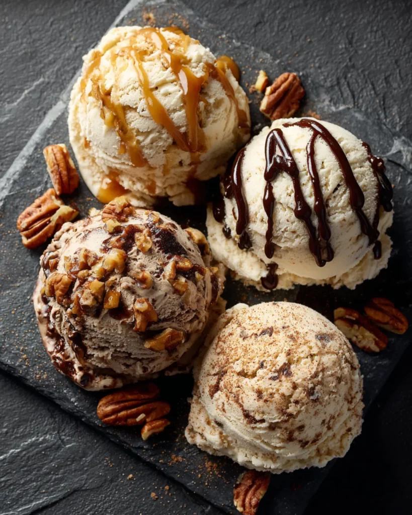Four scoops of pecan ice cream variations on a slate board