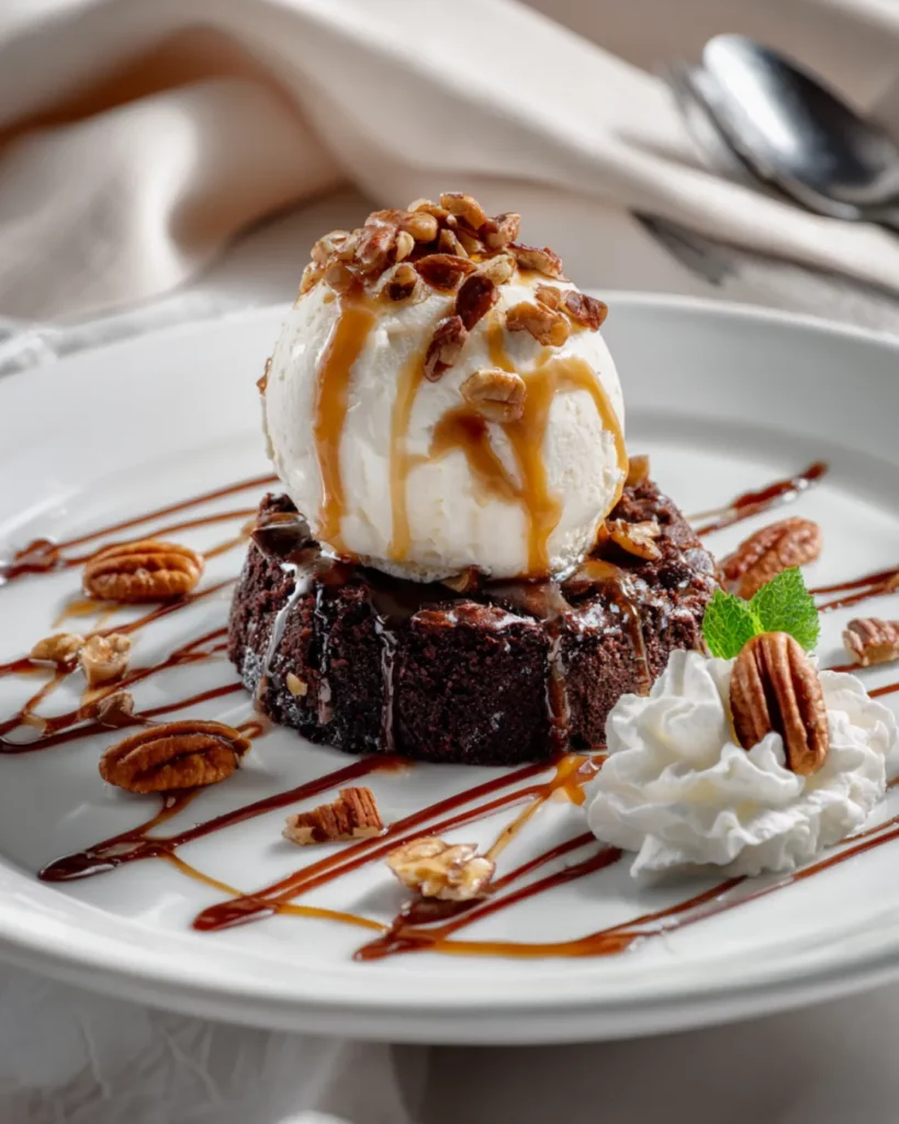 Styled dessert plate with pecan ice cream scoop on warm brownie