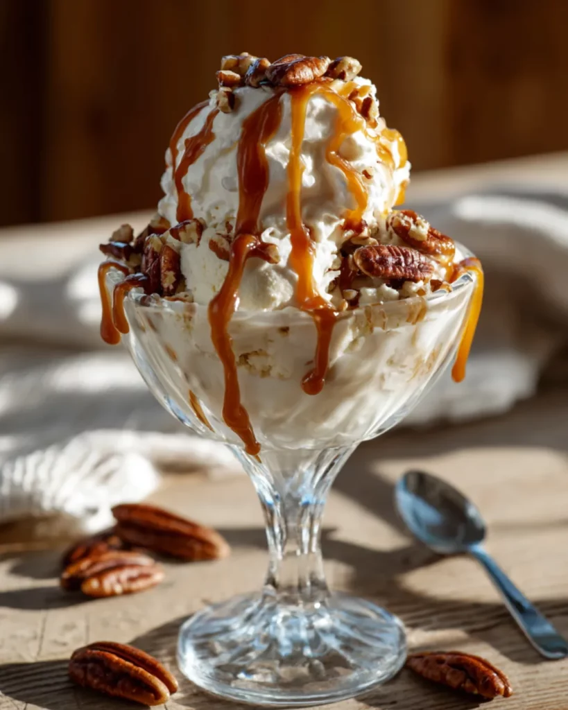 beautiful pecan ice cream sundae with caramel drizzle