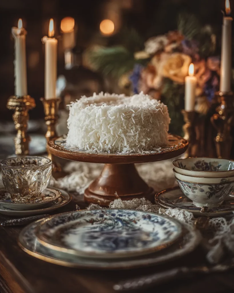 Vintage Southern holiday table with a whole coconut cake on a cake stand