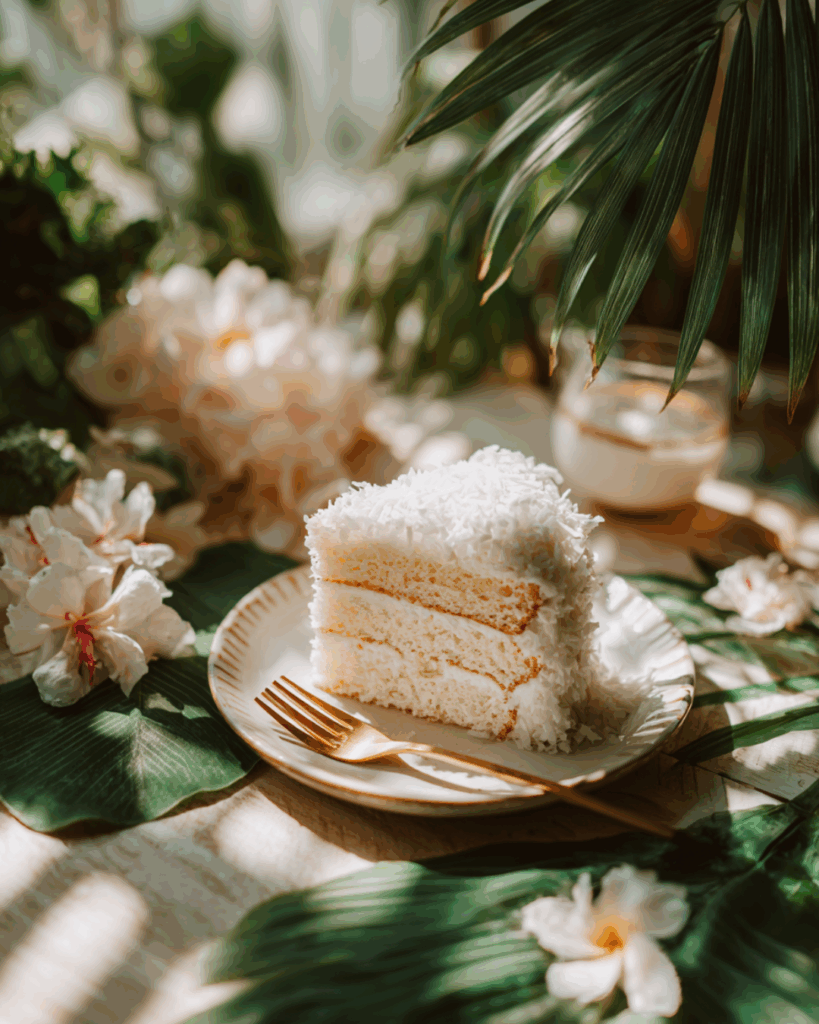 Beautiful close-up of a perfect slice of creamy coconut cake