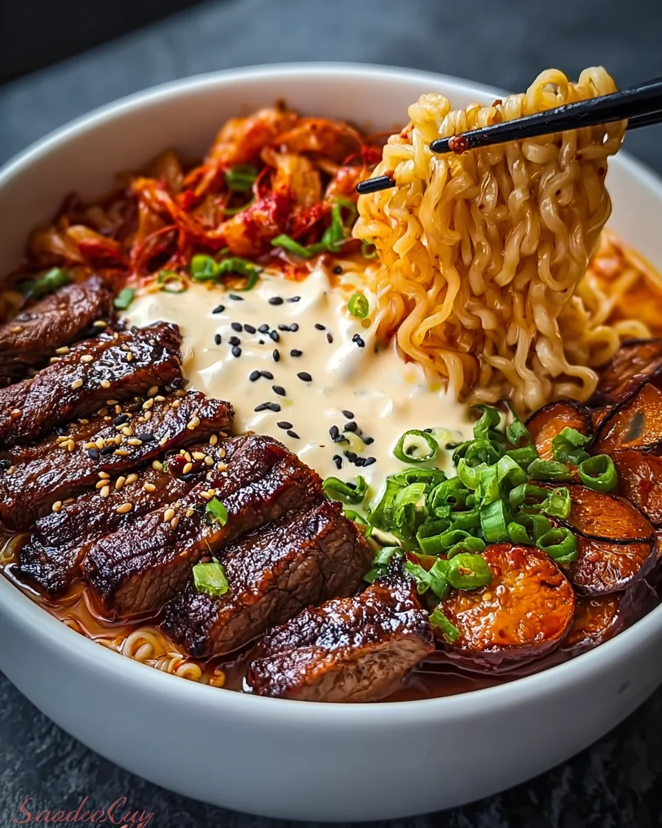 Spicy Korean Ramen with Grilled Beef & Creamy Sauce