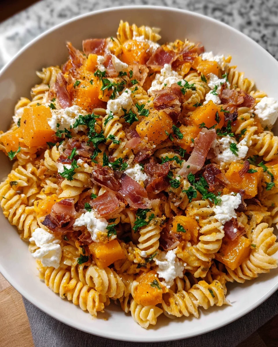 Pumpkin Pasta Salad with Goat Cheese & Crispy Prosciutto