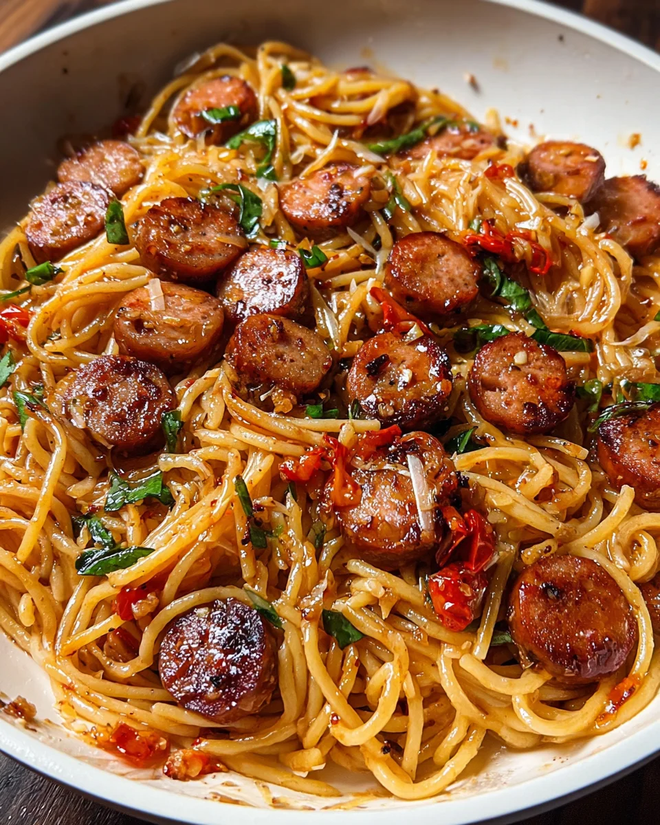 Sticky Honey Garlic Sausage Pasta Skillet