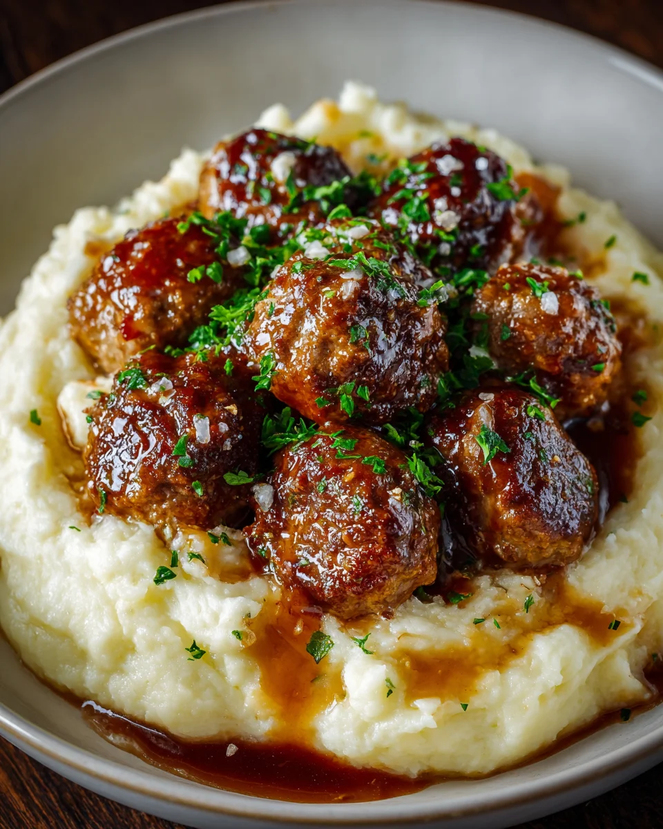 Salisbury Steak Meatballs With Garlic Herb Mashed Potatoes