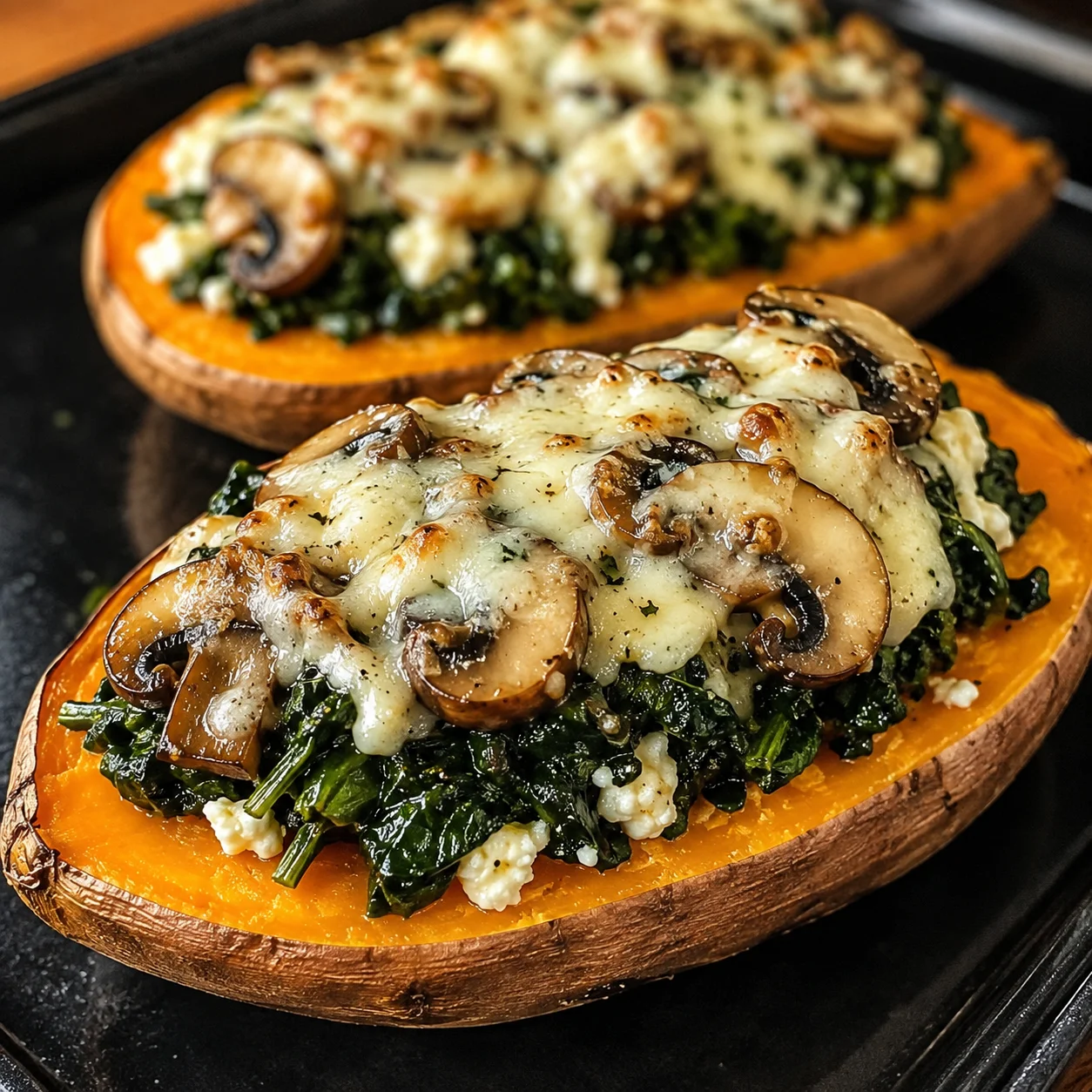 Creamy Mushroom and Spinach Stuffed Sweet Potatoes