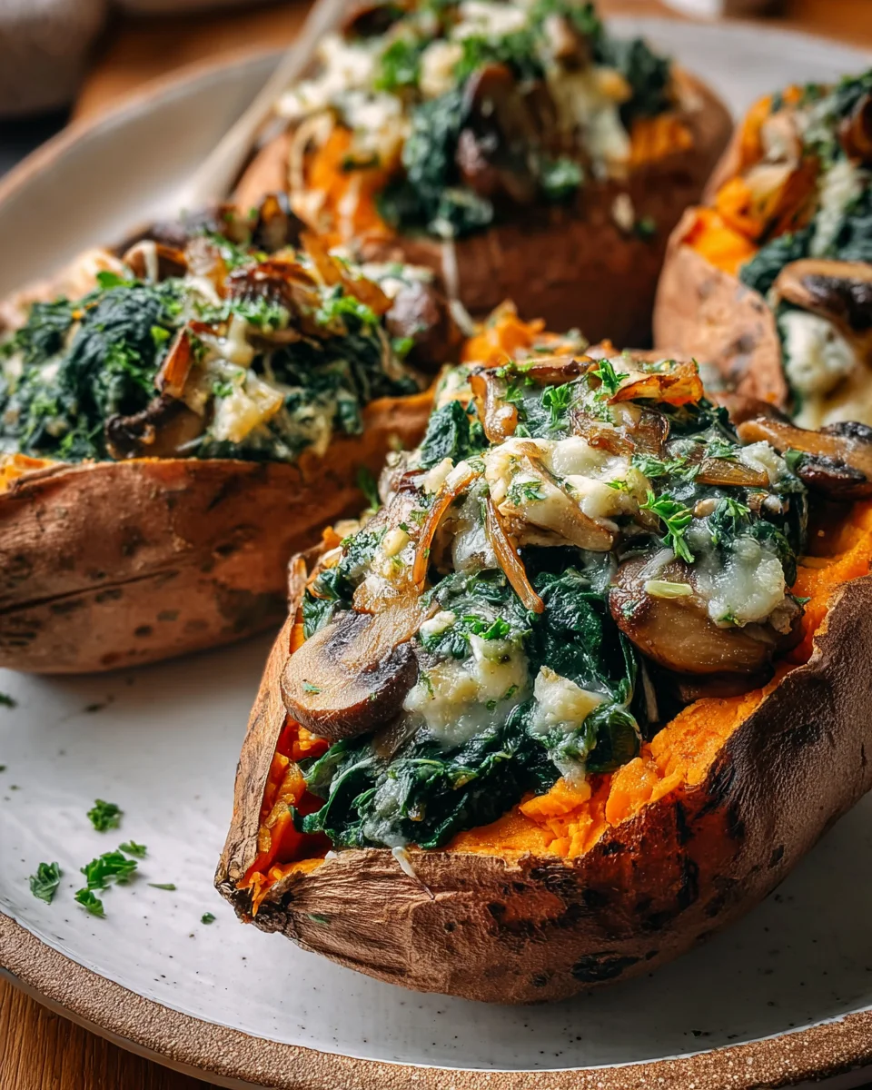 Creamy Mushroom and Spinach Stuffed Sweet Potatoes