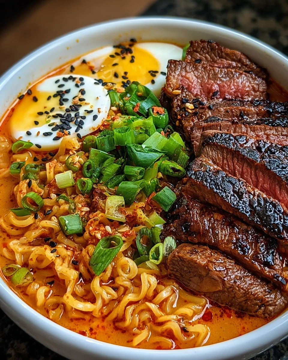 Spicy Korean Ramen with Grilled Beef & Creamy Sauce