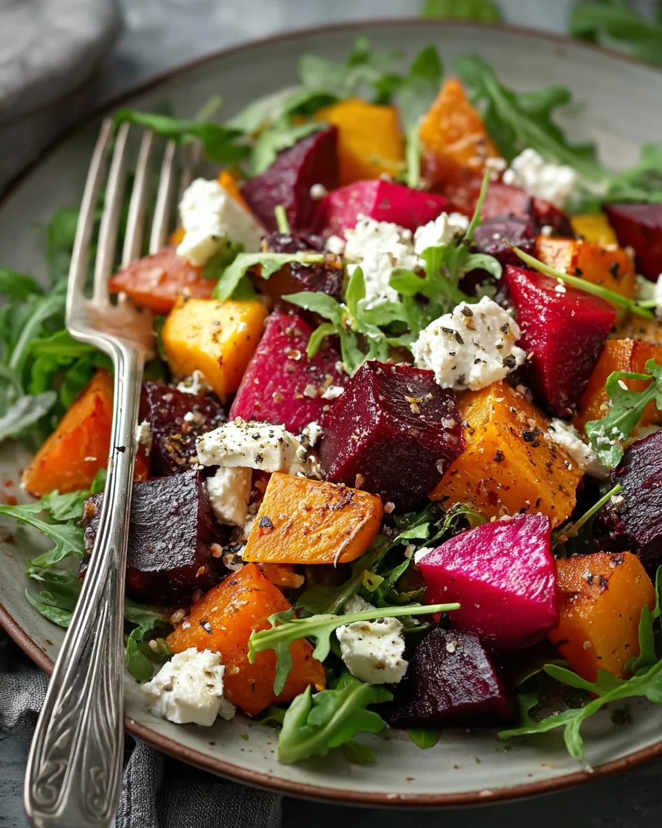 Creamy Roasted Beet Salad with Sweet Potato & Feta