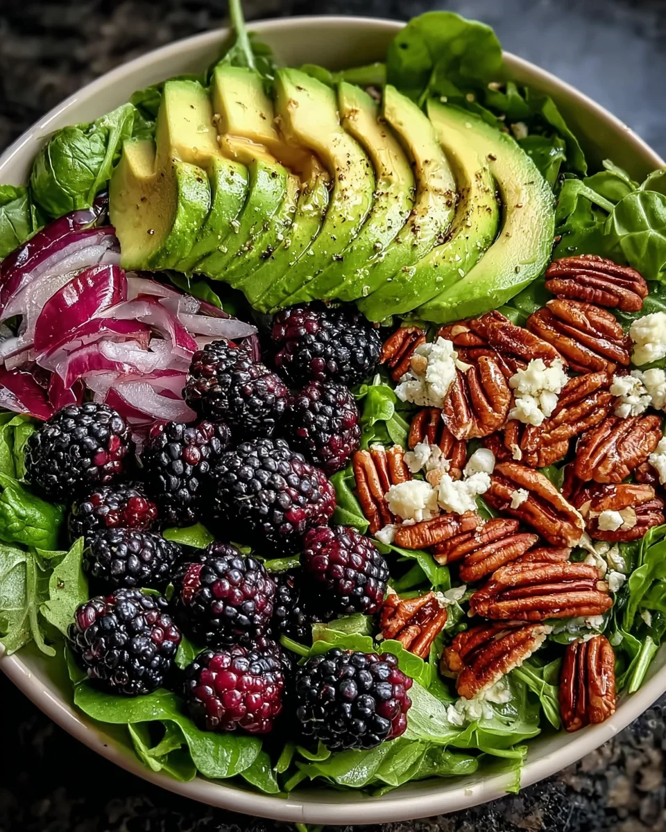 Blackberry & Avocado Salad topped with a tangy Honey Lemon Vinaigrette
