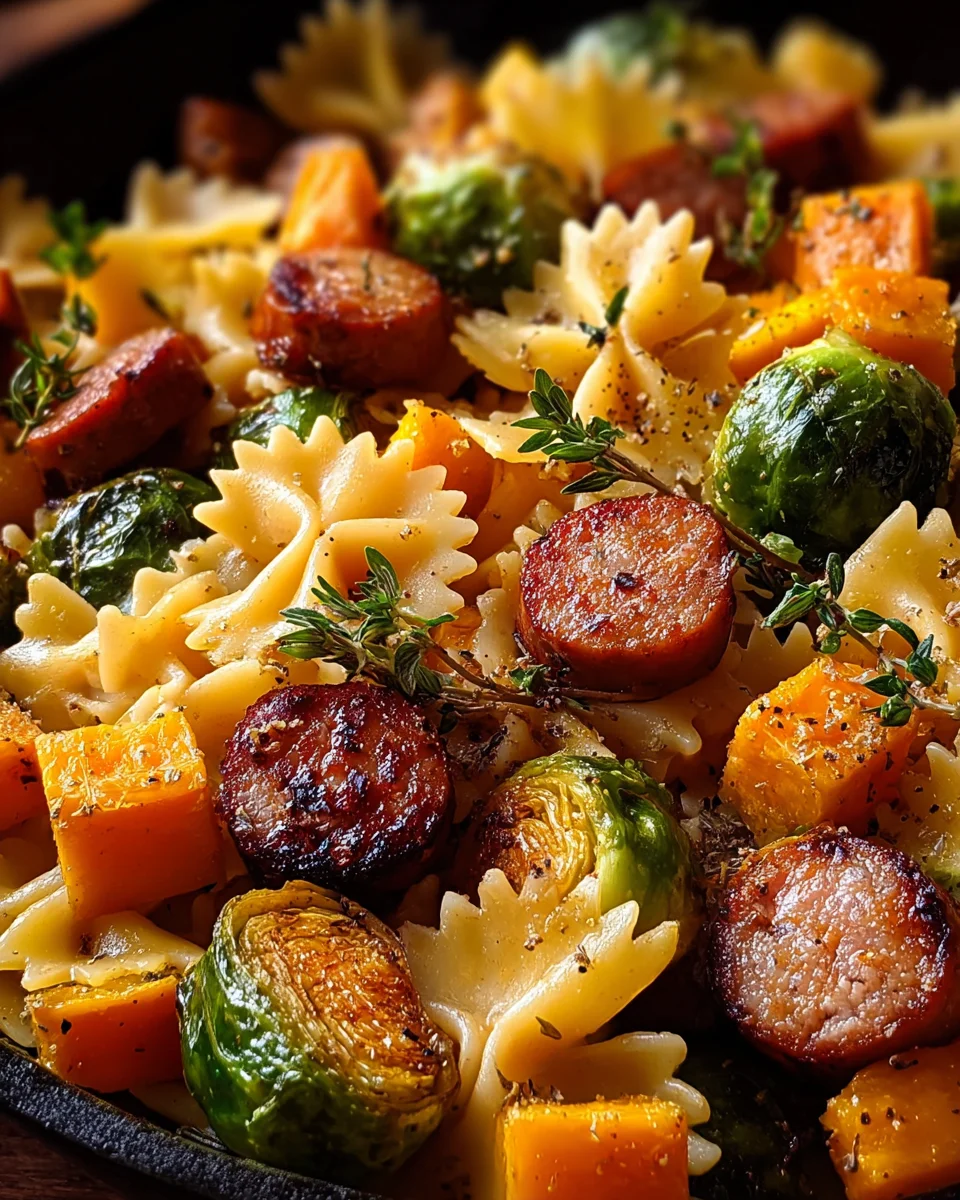 Autumn Dinner with Chicken Sausage, Pasta, Brussels Sprouts, and Butternut Squash