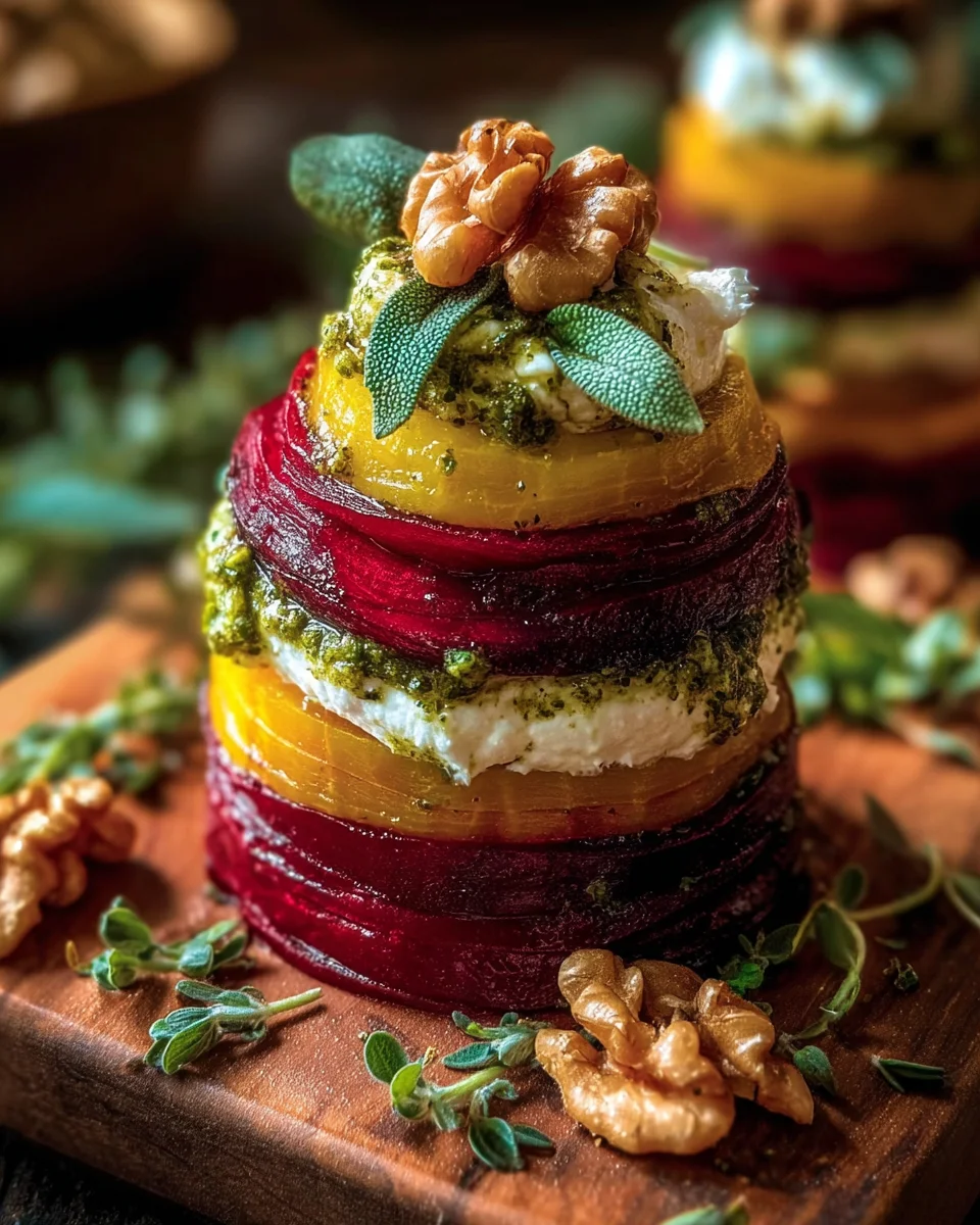 Roasted Beet & Sweet Potato Stacks with Whipped Cheese & Walnut