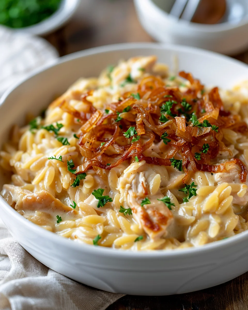 French Onion Chicken Orzo Casserole Delights Everyone!