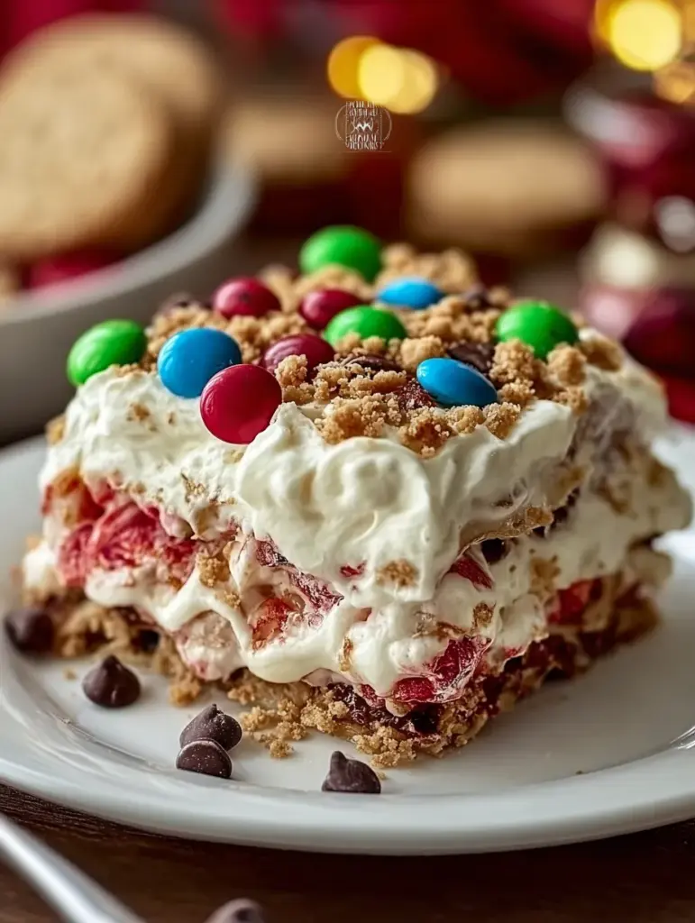 Christmas M&M Strawberry Crunch Dessert Lasagna