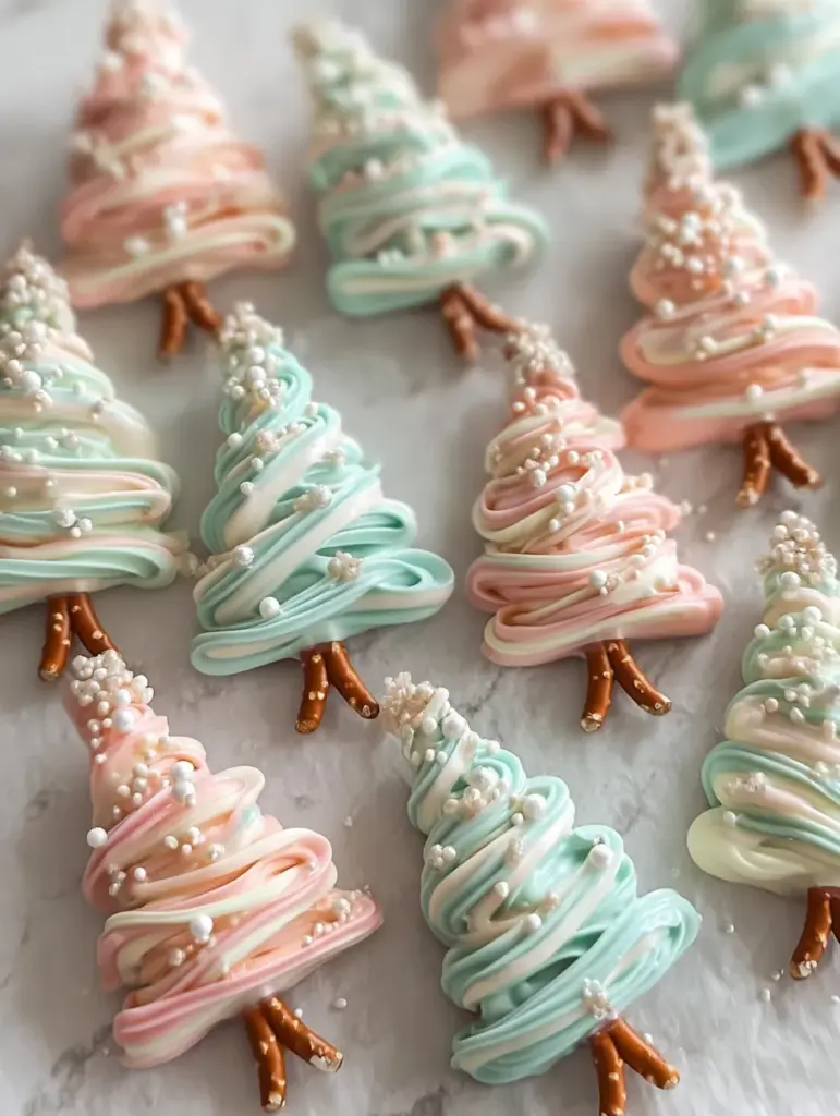 Pastel Chocolate Pretzel Christmas Trees
