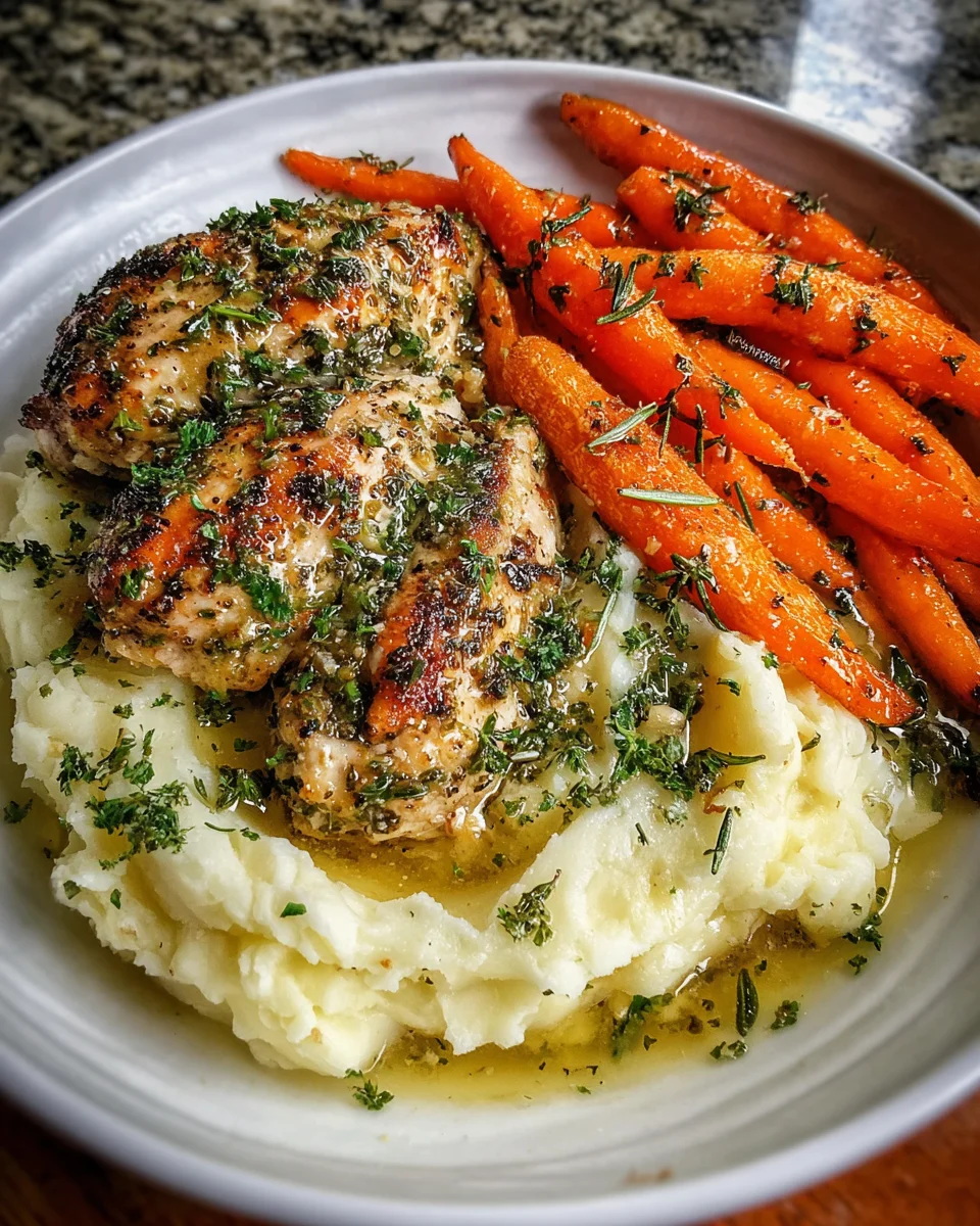 Garlic Herb Chicken with Creamy Mash & Roasted Carrots