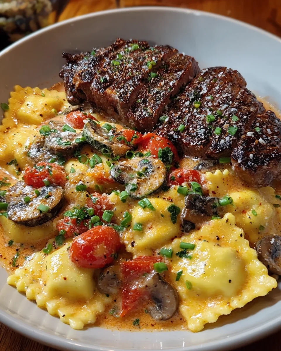 Creamy Tomato Mushroom Ravioli with Seared Steak