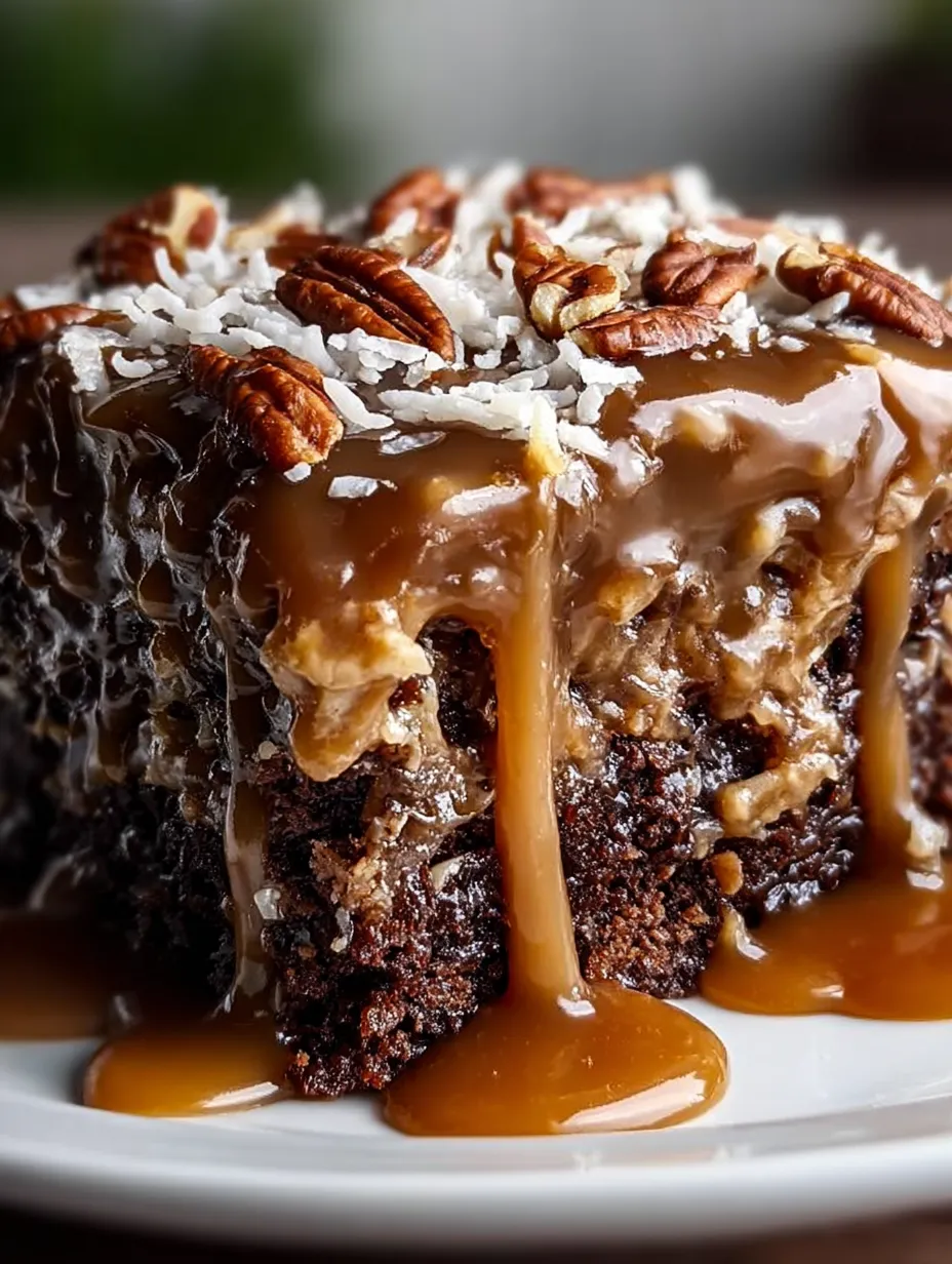 German Chocolate Poke Cake with Gooey Caramel Pecan Topping