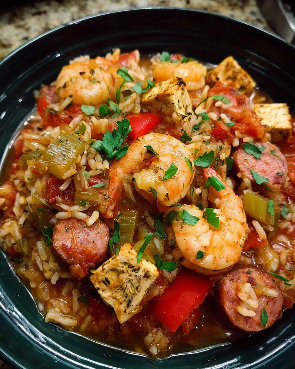 Slow Cooker Cajun Jambalaya with Chicken, Sausage & Shrimp is a must-try!