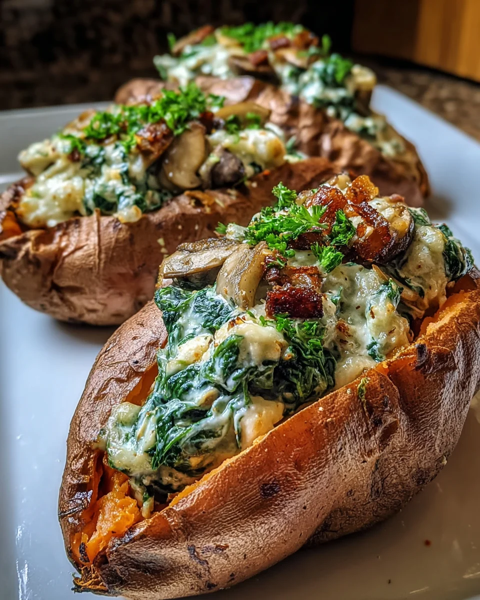 Creamy Mushroom Spinach Stuffed Sweet Potatoes