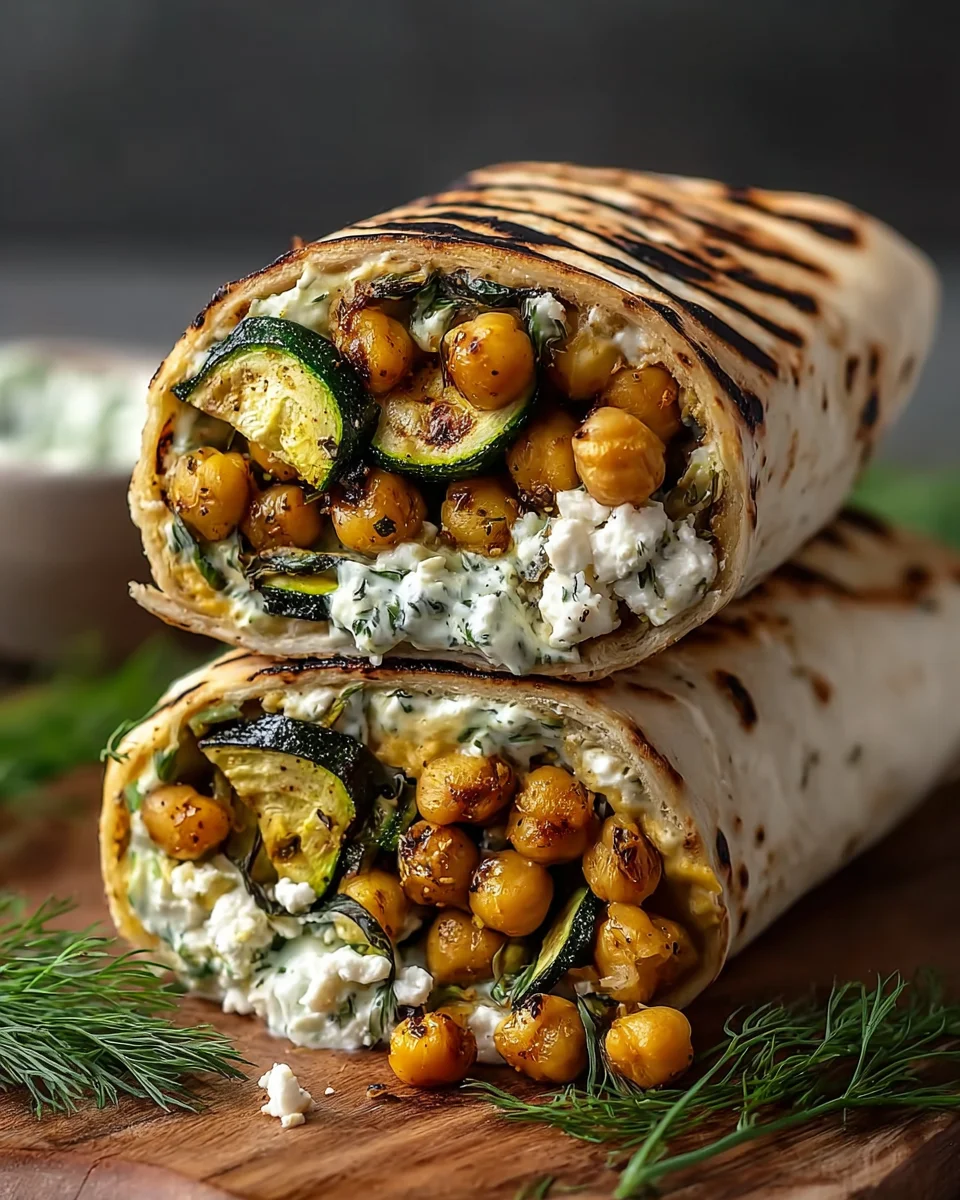 Grilled Zucchini Feta Chickpea Wrap with Herbed Yogurt