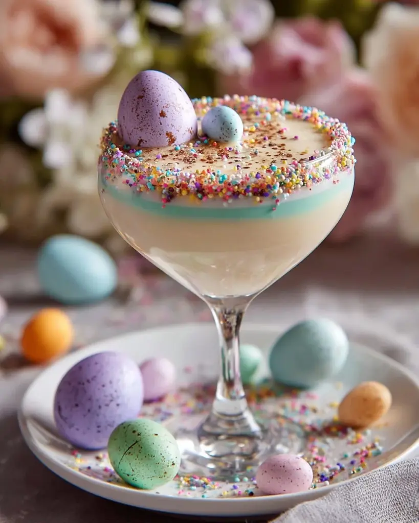 Easter Egg Martini: a festive cocktail decorated with colorful Easter eggs.