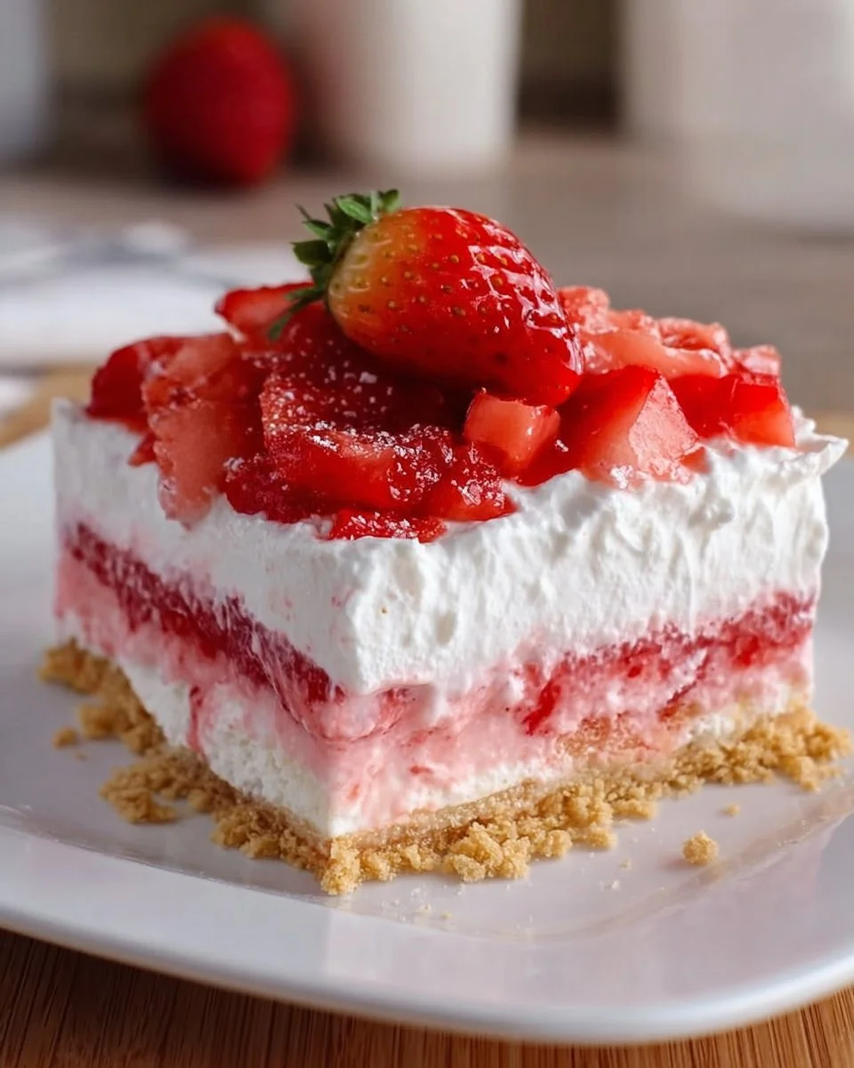 Delicious strawberry lasagna dessert served on a plate with fresh strawberries on top.