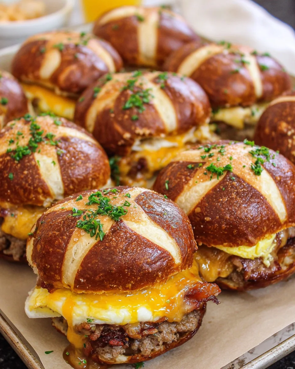 Breakfast Sliders on Pretzel Buns