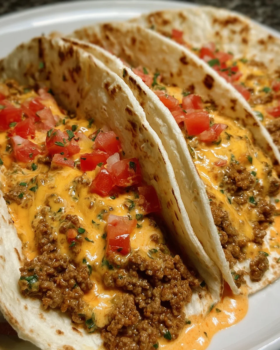 Cheesy Rotel Beef Soft Tortilla Tacos