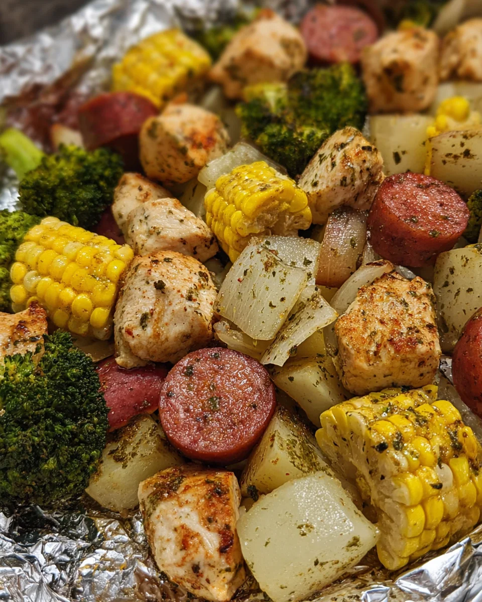 Chicken, Sausage, Potatoes, Broccoli And Corn Foil Packets