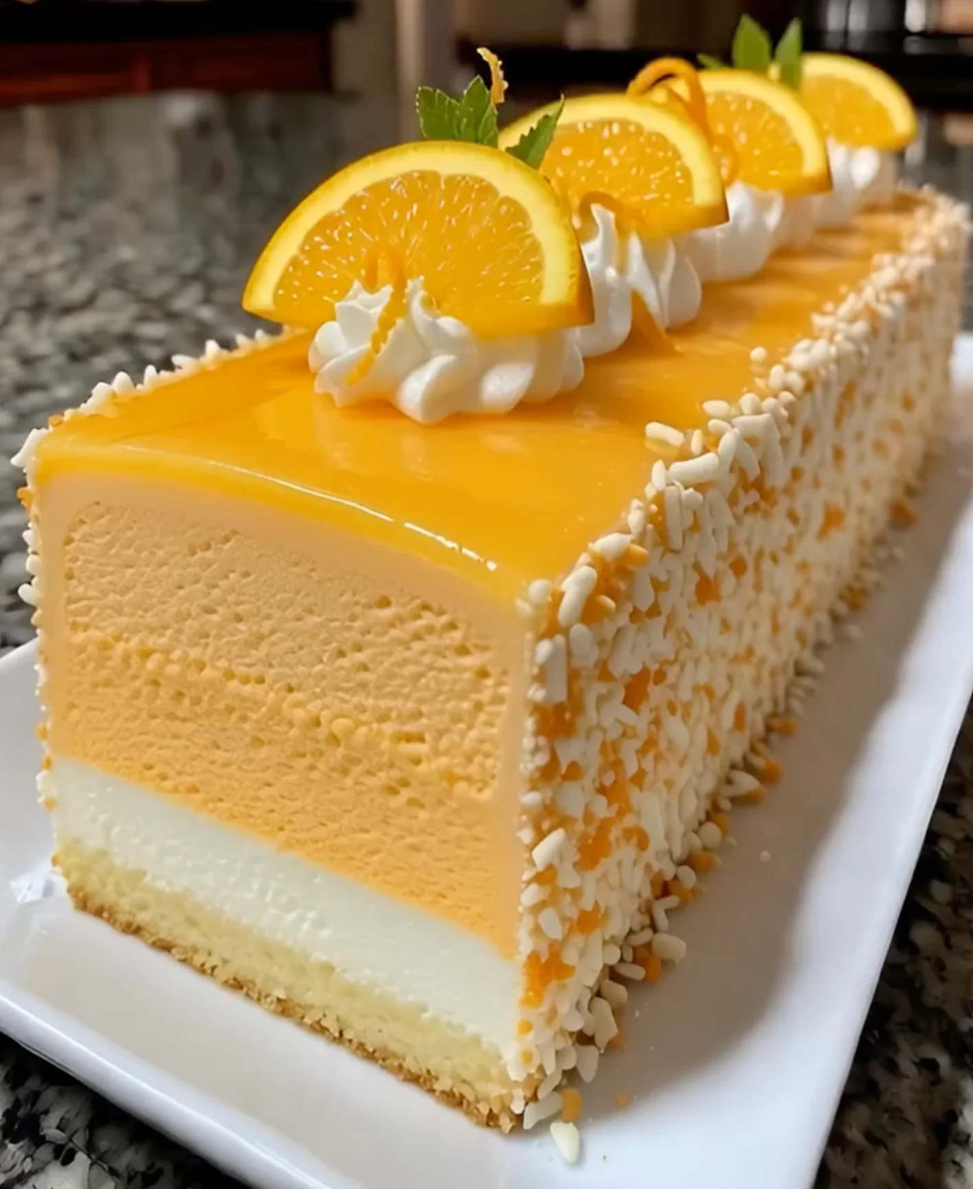 Orange Creamsicle Mousse Cake with Citrus Glaze & Almond Crunch