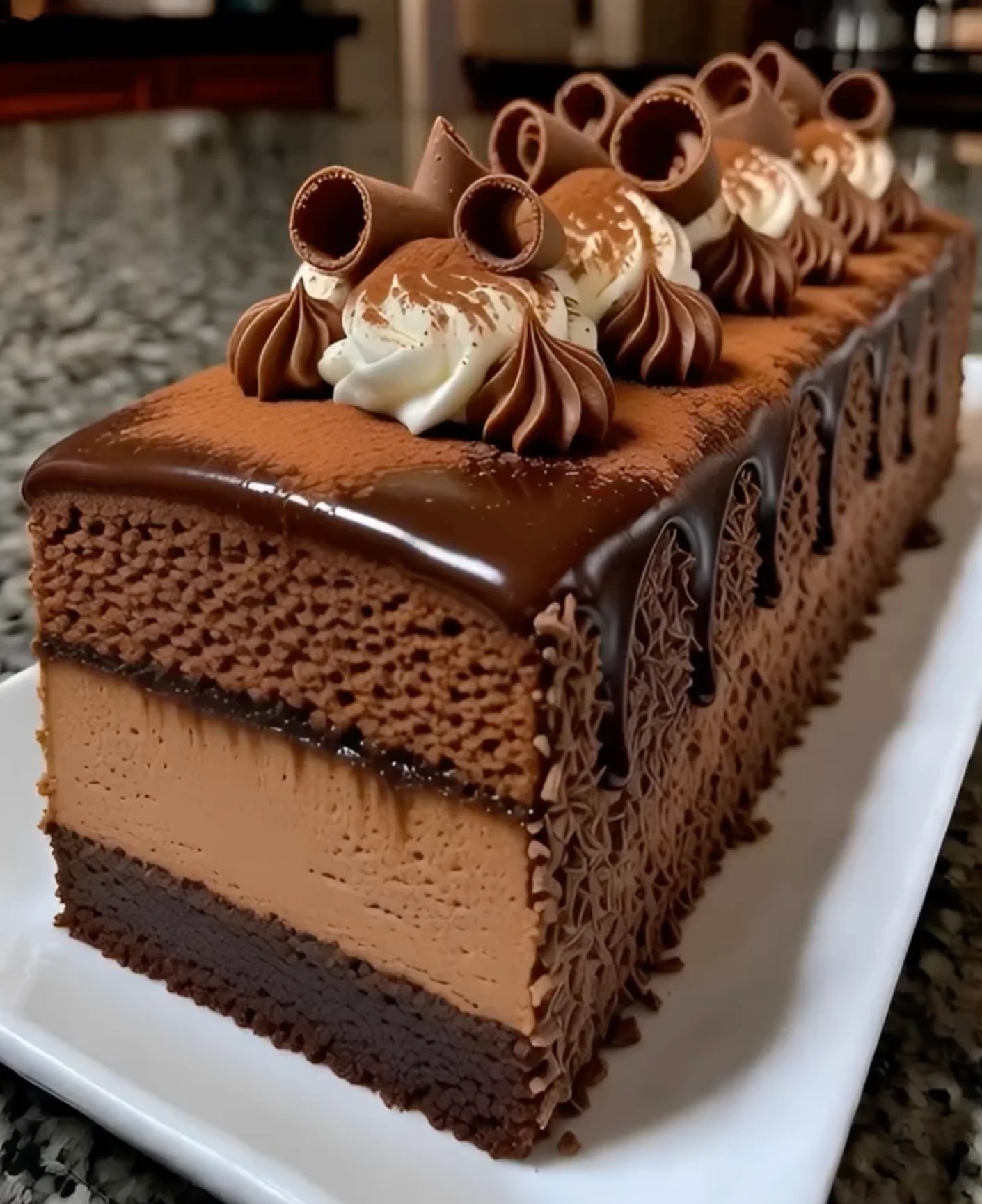 Chocolate Tiramisu Mousse Cake with Cocoa Dust & Chocolate Curls