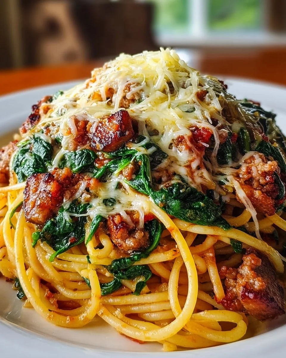 Garlic Butter Spaghetti with Cheesy Italian Sausage and Spinach