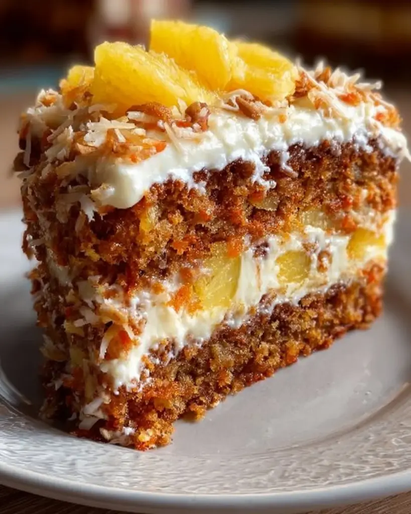 Slice of Hawaiian Carrot Pineapple Cake with decorative frosting and sprinkles.
