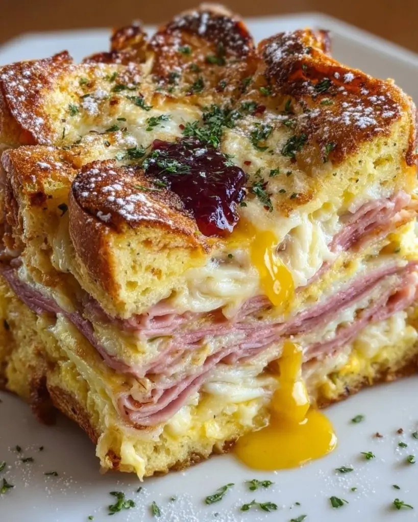Monte Cristo breakfast casserole with layers of ham, cheese, and French toast.
