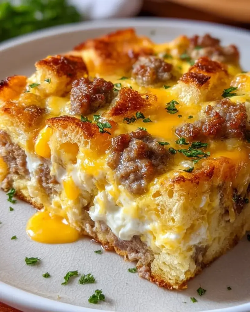 Sausage and Egg Casserole served in a baking dish with fresh herbs on top.