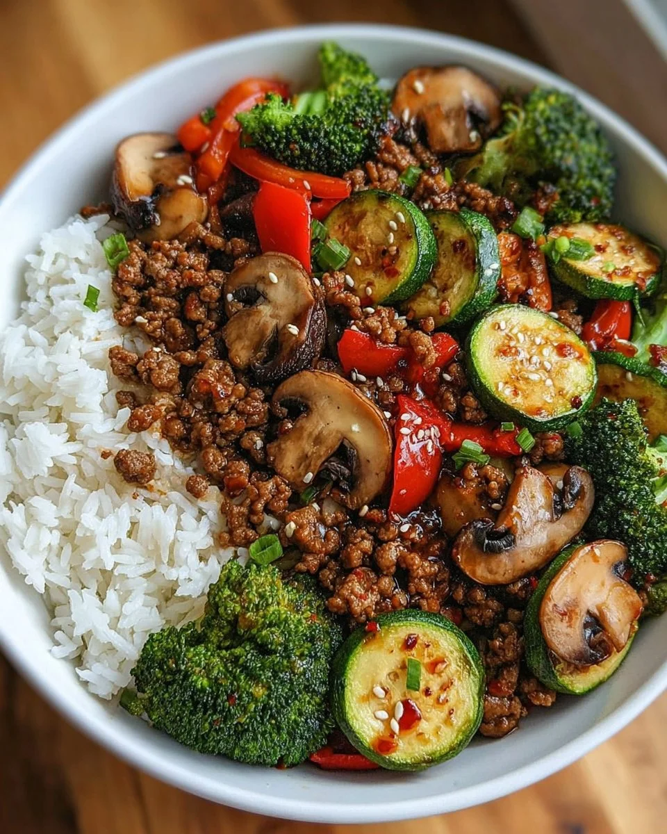Spicy Ground Beef Stir-Fry Bowl with Garlic Veggies & Steamy Rice