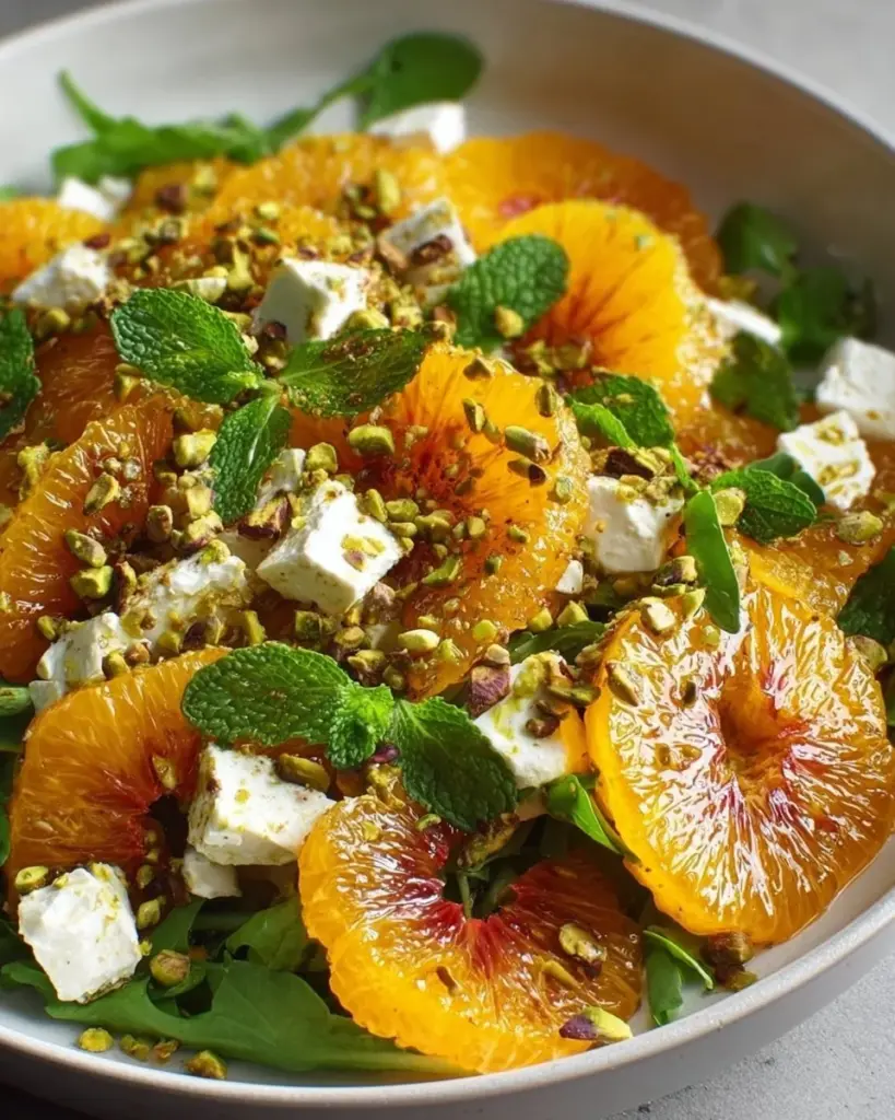 Citrus Feta Salad with orange segments, pistachios, and mint leaves