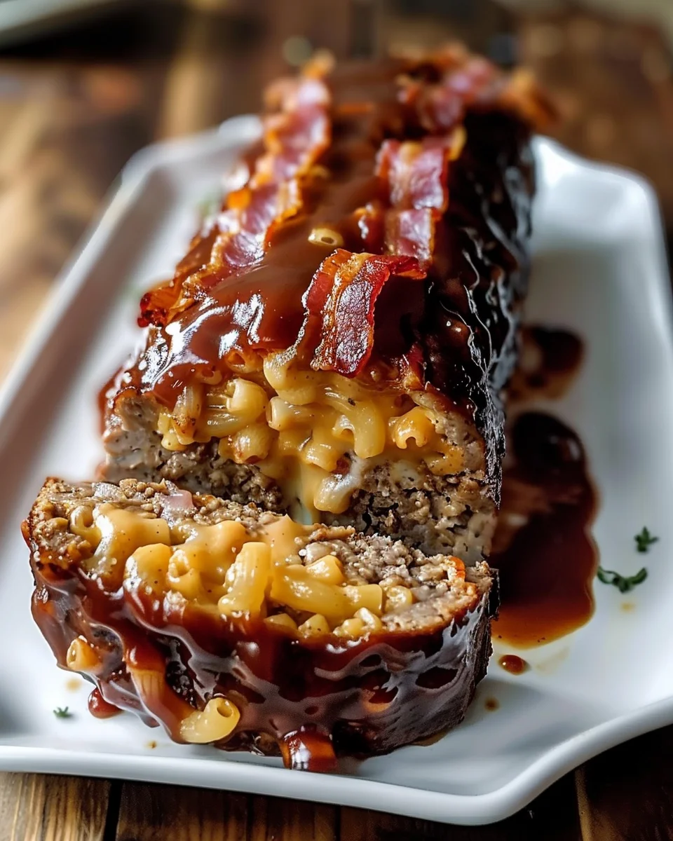 Sticky Maple BBQ Bacon Meatloaf Stuffed With Creamy Mac and Cheese