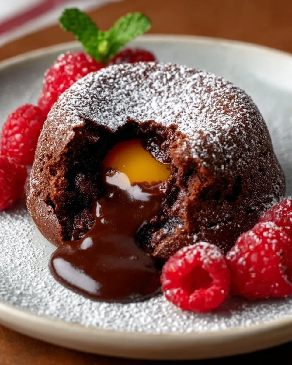 Decadent chocolate lava cake with a gooey molten center served on a plate.