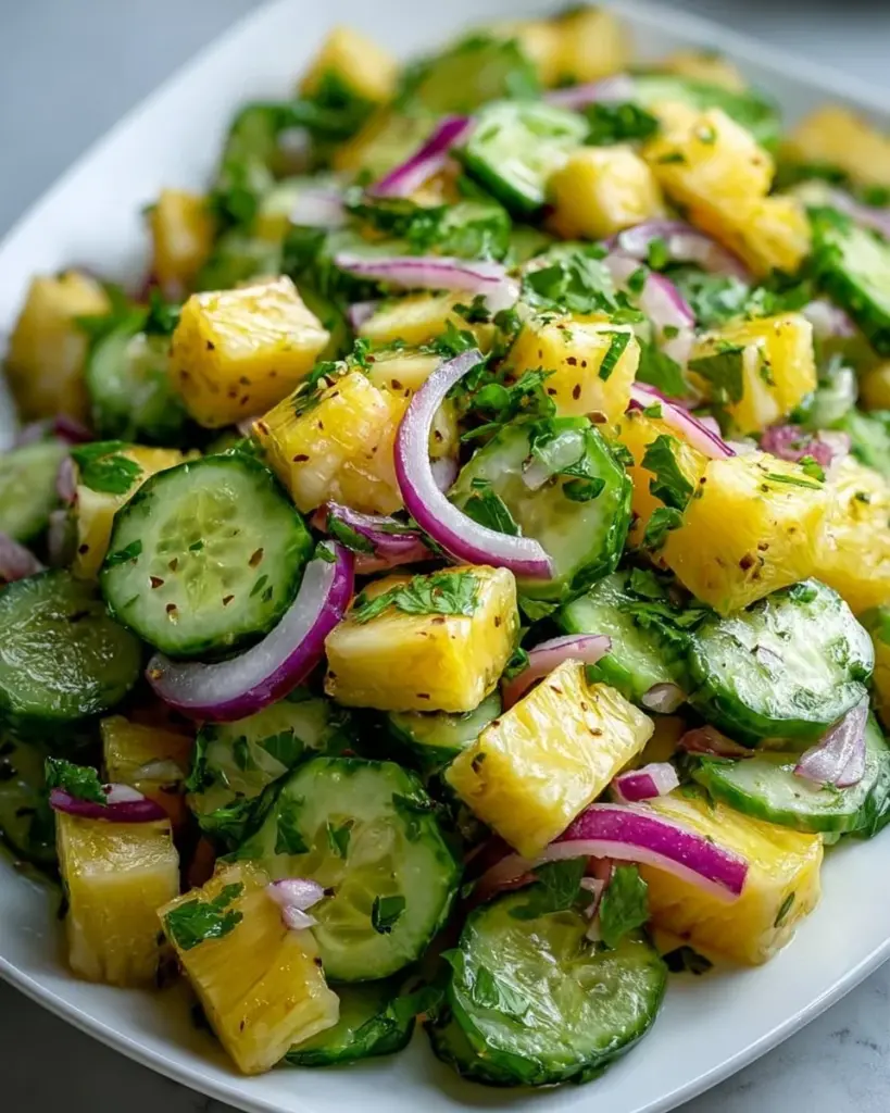 Delicious pineapple cucumber salad with fresh ingredients served in a bowl.
