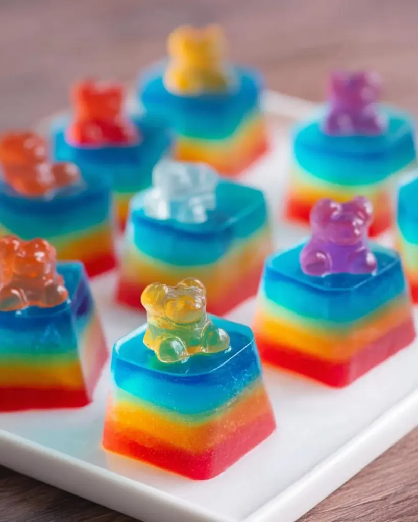 Colorful vodka jello shots in cups at a vibrant pool party.