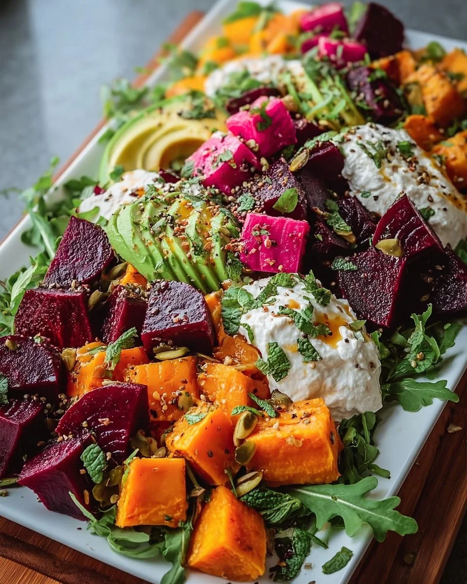 Roasted Beet, Sweet Potato & Avocado Salad with Whipped Ricotta & Lemon-Tahini Drizzle